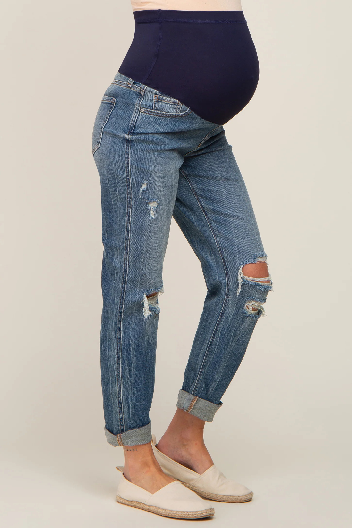 Blue Distressed Knee Rolled Hem Maternity Straight Leg Jeans | PinkBlush Maternity