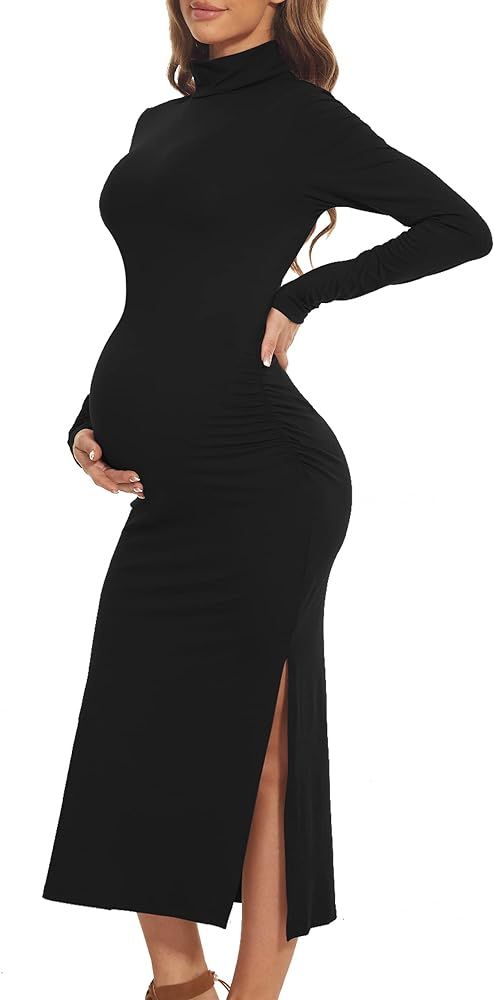 Turtleneck & Long Sleeve Maternity Dress for Photoshoot Causal Baby Shower, Winter Split Ruched B... | Amazon (US)