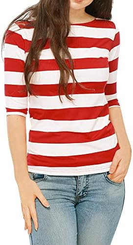 Allegra K Women's Striped Top Round Neck Tops Casual Long Sleeve Shirt | Amazon (US)