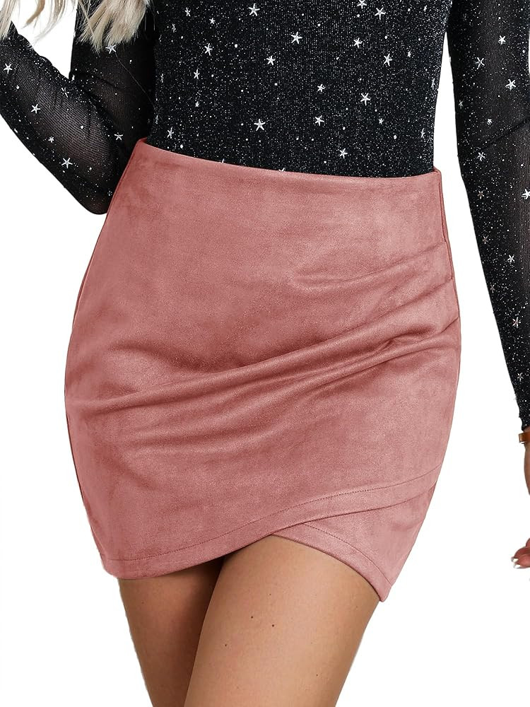 Ezcosplay Women High Waisted Faux Suede Ruched Wrap Mini Skirt Asymmetrical Tulip Hem Bodycon Sho... | Amazon (US)