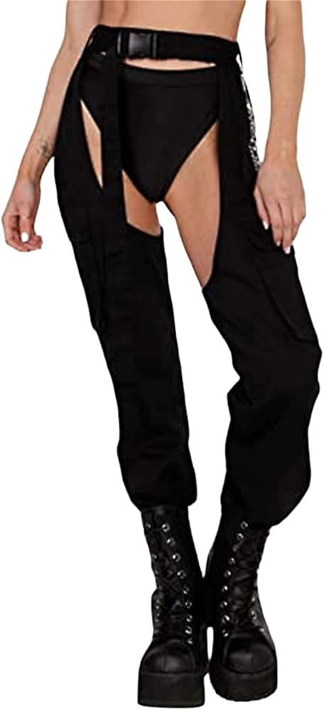 Women Buckle Bottomless Pants Sexy High Waist Rave Chaps Hollow Out Cargo Crotch Pants See Throug... | Amazon (US)