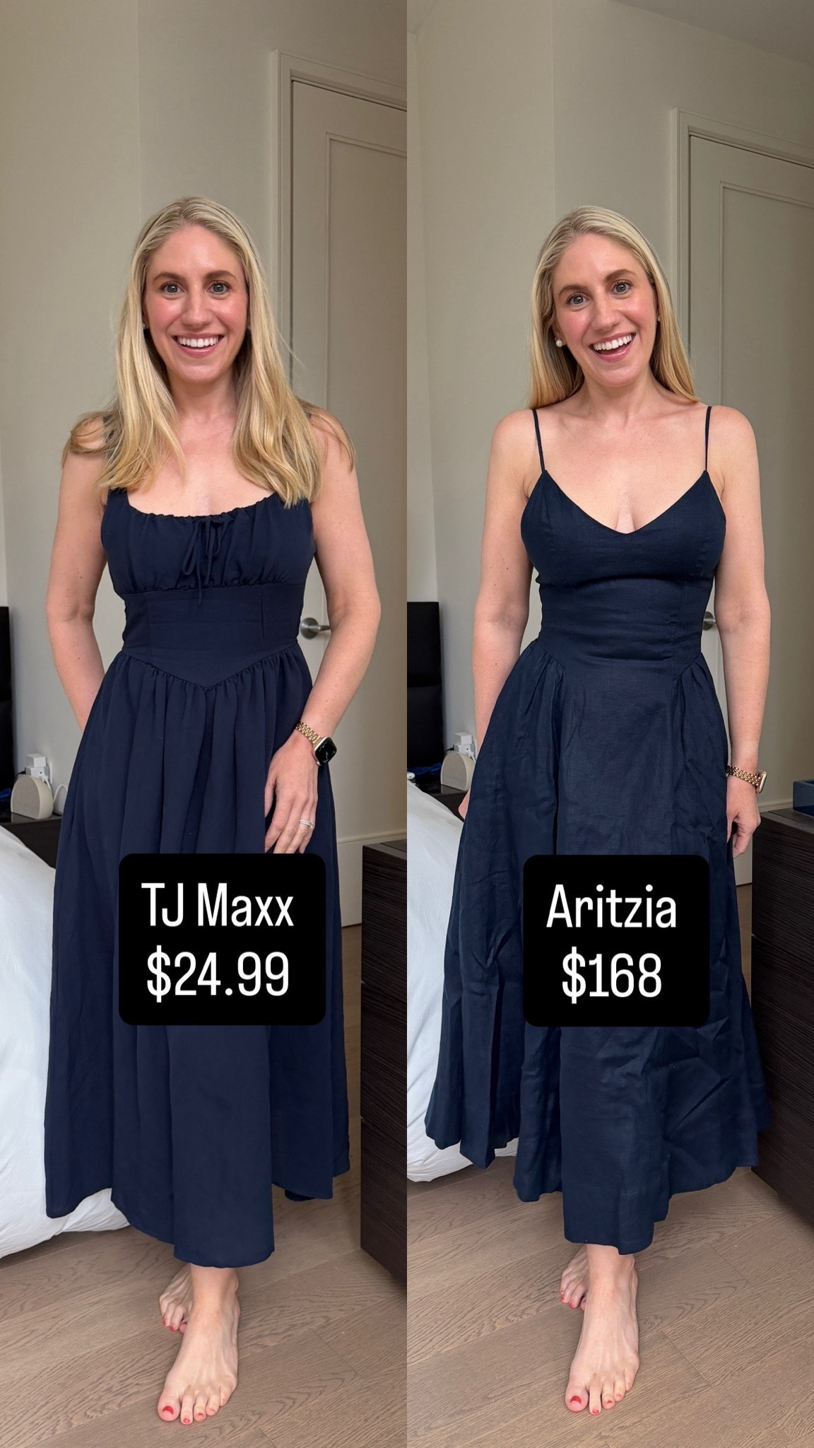 Look for less, navy midi dress from TJ Maxx and Aritzia - fit and flare style navy linen dress

#LTKootd #LTKSaleAlert #LTKOver40