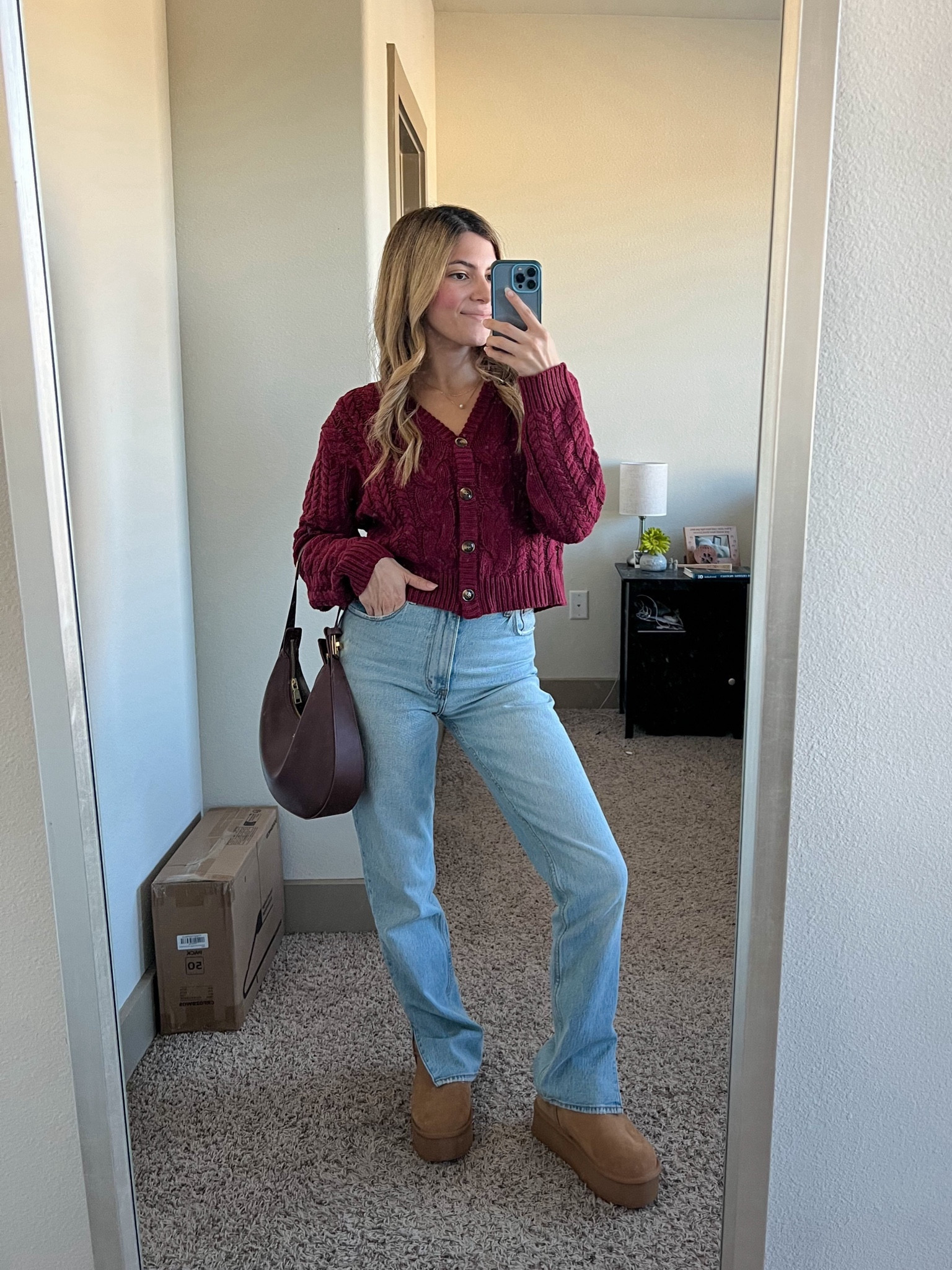 Christmas Eve outfit 🎄🫶🏼 
size small in cardigan 
26 regular in jeans 


Cardigan, red cardigan outfit, split hem jeans, Abercrombie jeans, platform uggs, winter outfit, winter style 

#LTKSeasonal