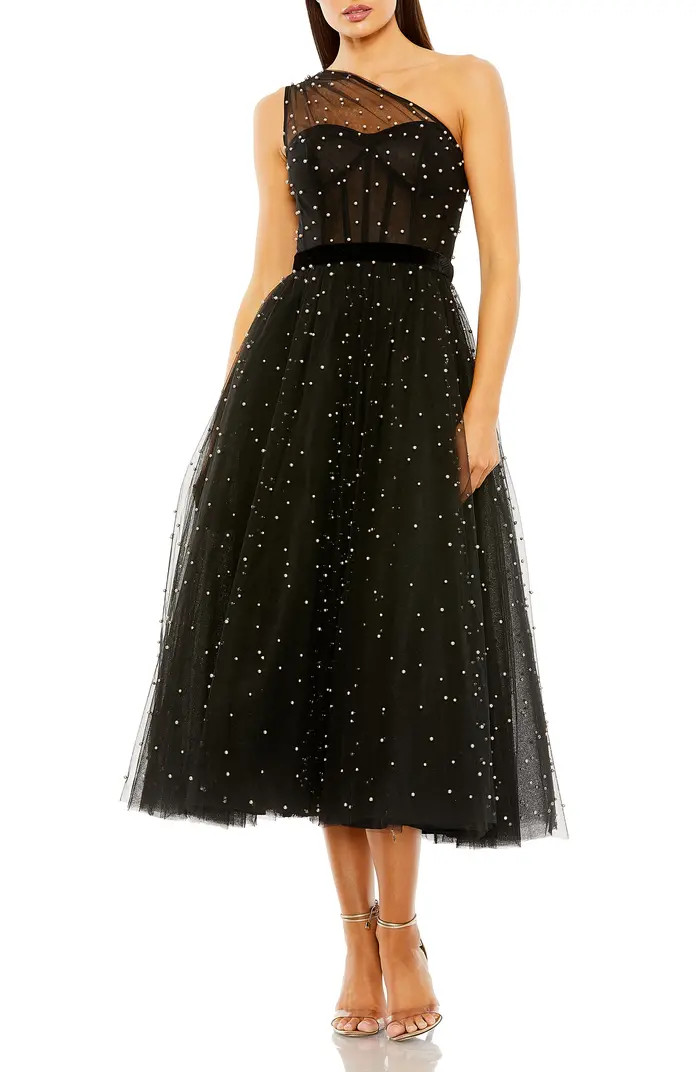 One Shoulder Pearl Beaded Midi Ballgown | Nordstrom