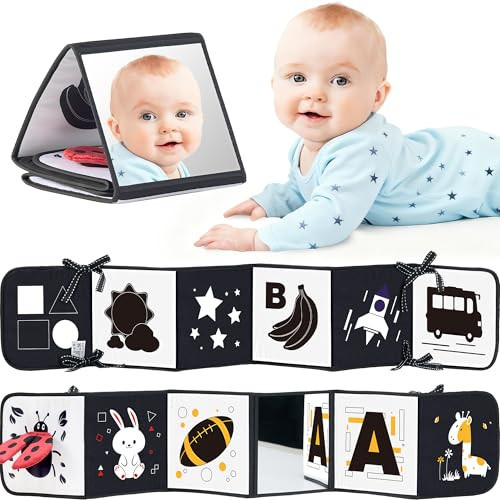 Black and White Baby Books for Newborn - Tummy Time Mirror & Sensory Toys Soft Montessori Toy for Infant Visual Stimulation, Brain Development & Early Learning - High Contrast Toys for 0-6 Months | Amazon (US)