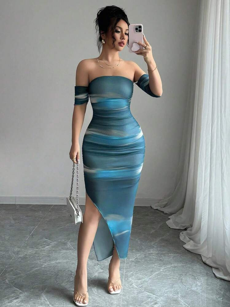 Elenzga Women's Fashion New Off-Shoulder Short Sleeve Mesh Tie Dye Print Asymmetrical Hem Summer ... | SHEIN