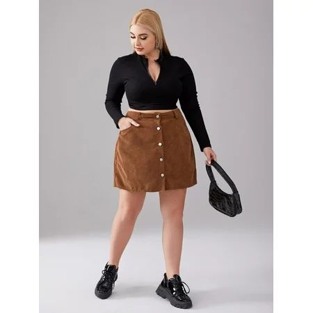 CrazyJune Women s Plus Size Button Corduroy Skirt Casual High Waist A-Line Mini Skirt With Pockets | Walmart (US)