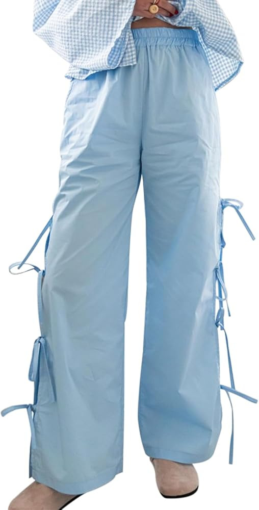 Y2K Gingham Pants for Women Bow Tie Side Slit Wide Leg Lounge Bottom Plaid Checkered Loose Fit Go... | Amazon (US)