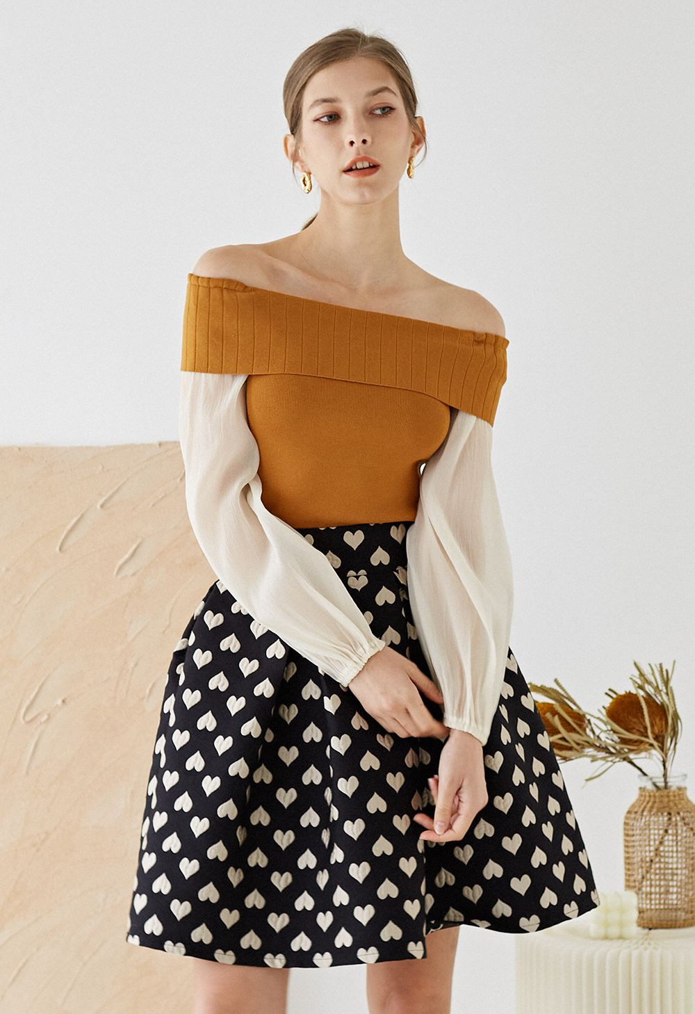 Off-Shoulder Sheer Sleeves Knit Crop Top in Pumpkin | Chicwish