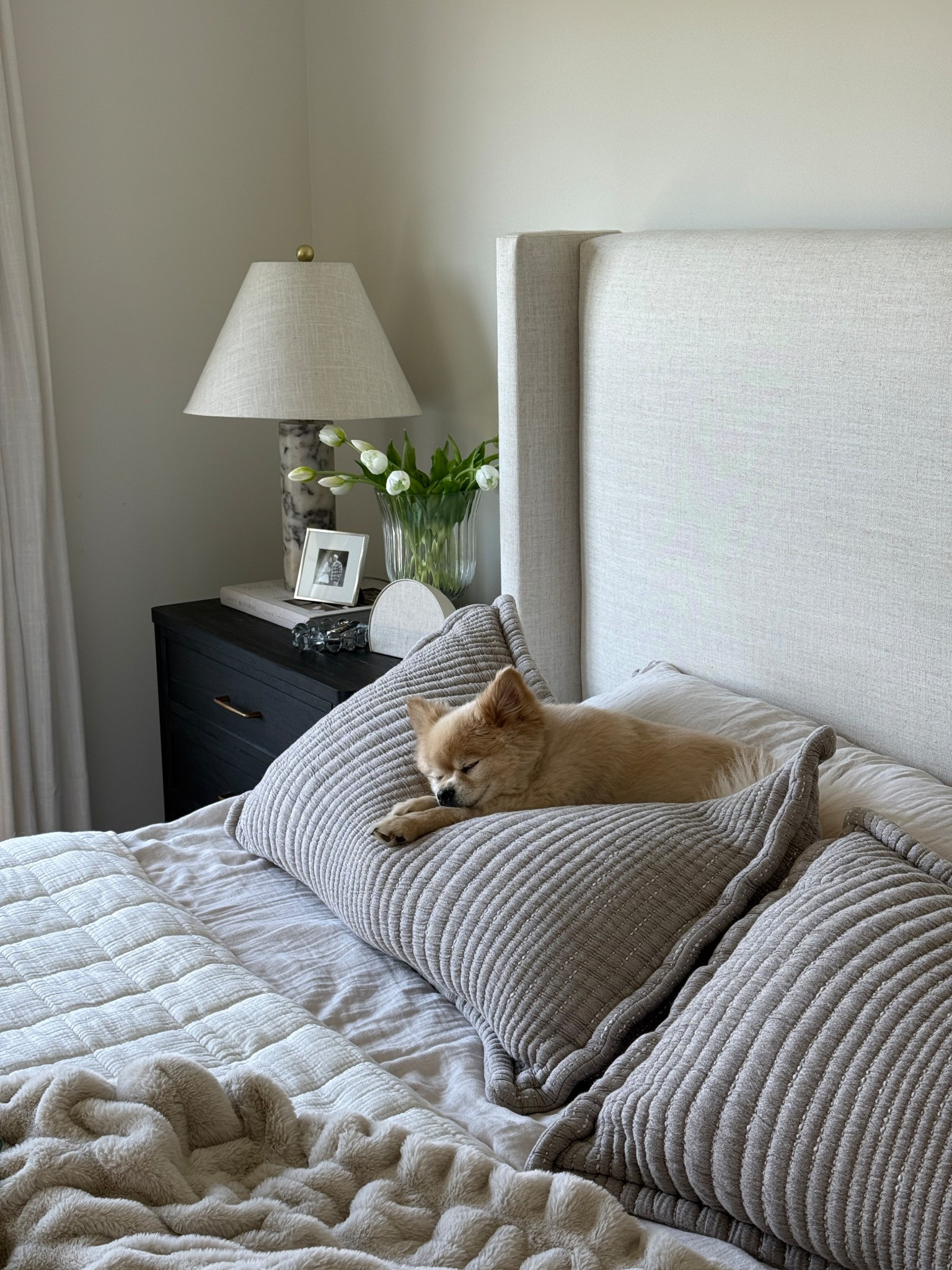 Cozy bedding. Spring bedding. Neutral bedding. Upholstered bed frame. Wayfair home. Black nightstand 

#LTKHome