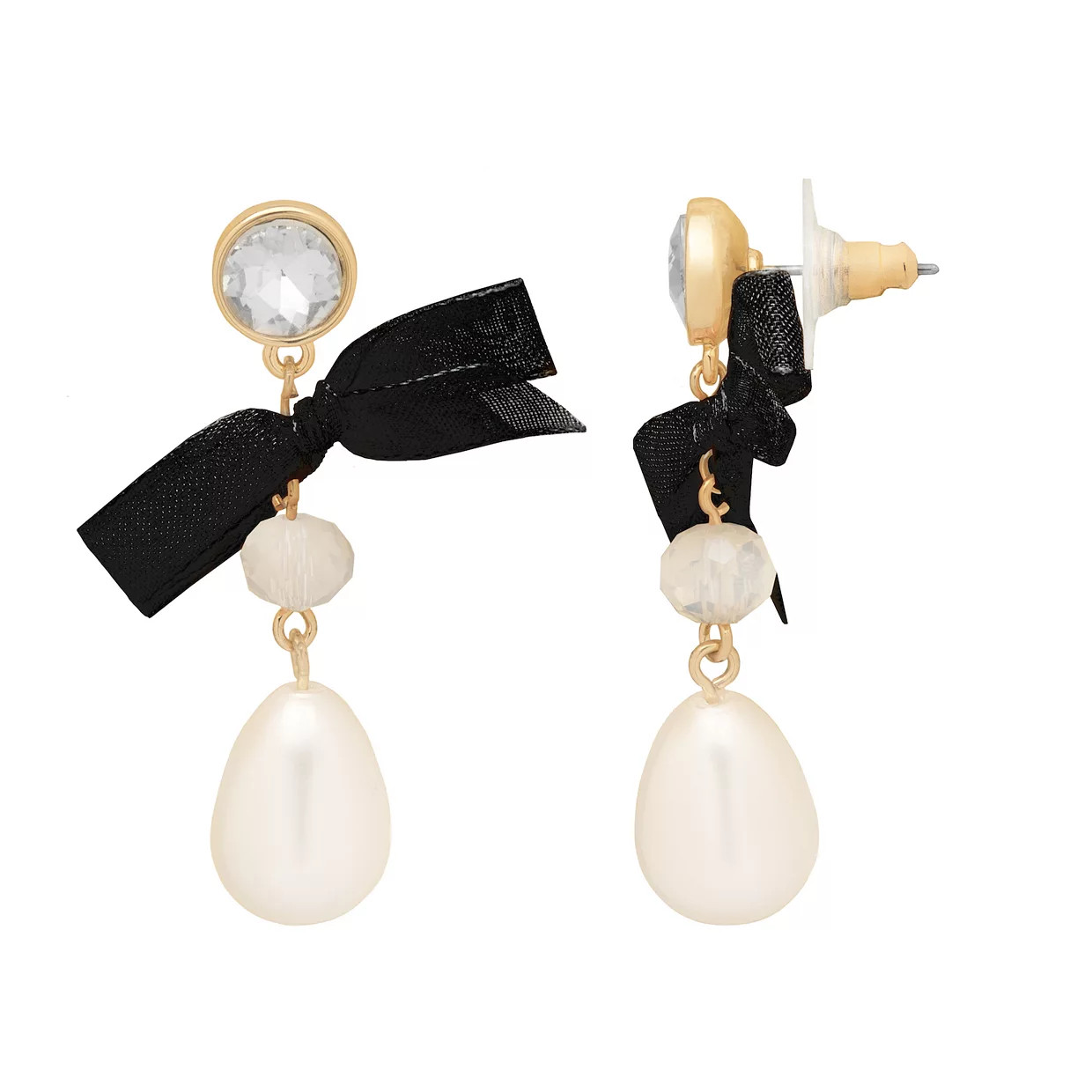 Emberly Gold Tone Simulated Pearl, Bead & Fabric Bow Drop Earrings | Kohl's
