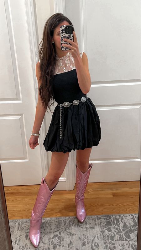 Country concert outfit ; bubble hem dress ; Morgan wallen concert outfit ; Luke combs concert outfit ; pink cowgirl boots ; lace top 

#LTKSeasonal #LTKFindsUnder50 #LTKStyleTip
