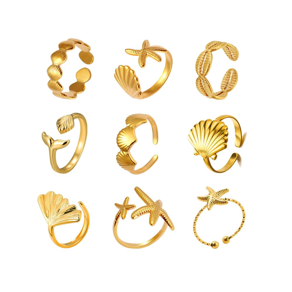 9 PCS Shell Starfish Ring for Women Opening Seashell Ring Adjustable Statement Ring Boho Ring Sum... | Amazon (US)