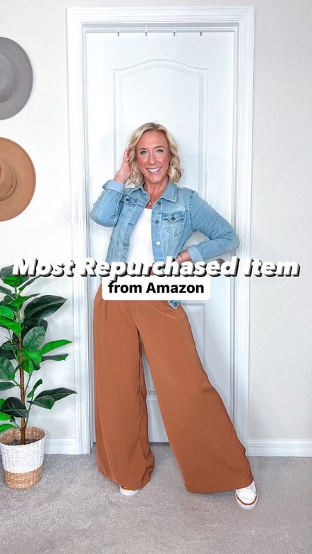 Trouser pants - size small. Elastic waistband in the back, lightweight, flowy and comfortable.
1. White bodysuit - size medium, but need a small.
2. Jean jacket - size small. 
3. Satin top - size small (almost all sold out). 
4. Satin button down - size medium.
5. Navy tee - old & not available.
6. Black bodysuit - similar one linked. 
7. Striped cardigan - size medium.
8. Graphic tee - size medium (can change the year!)

#LTKVideo #LTKfindsunder50 #LTKstyletip