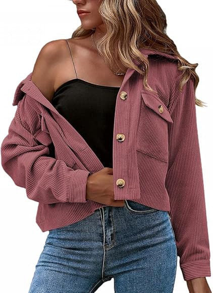 Womens Casual Corduroy Jackets Long Sleeve Button Down Cropped Shirts Flap Pocket Shacket Coat | Amazon (CA)