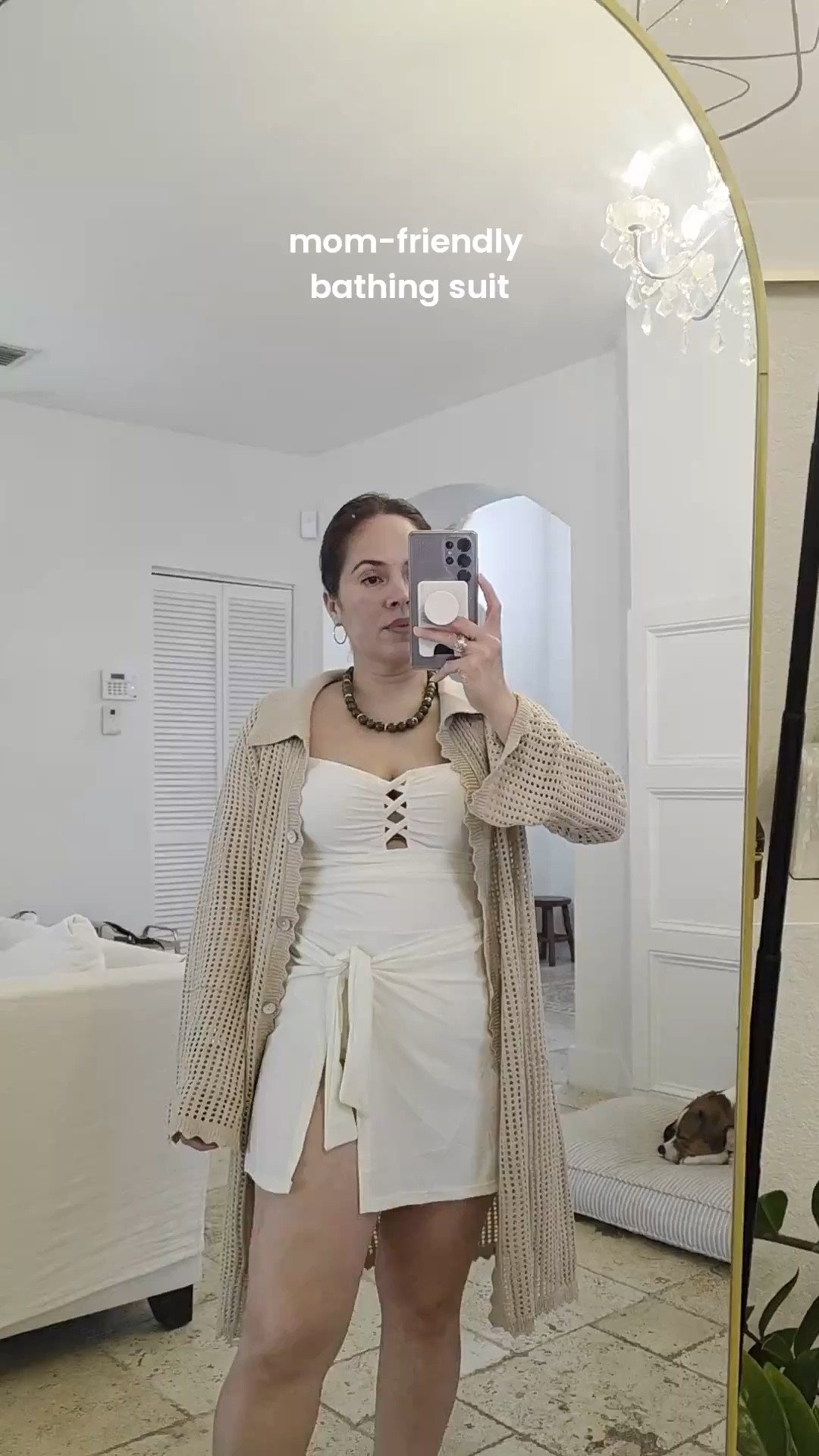 Amazon one piece bathing suit with tummy control! this is the beige color, in a size medium. 
Crochet swim coverup in khaki, size medium for reference 🤩

#LTKSwim #LTKTravel #LTKPetite