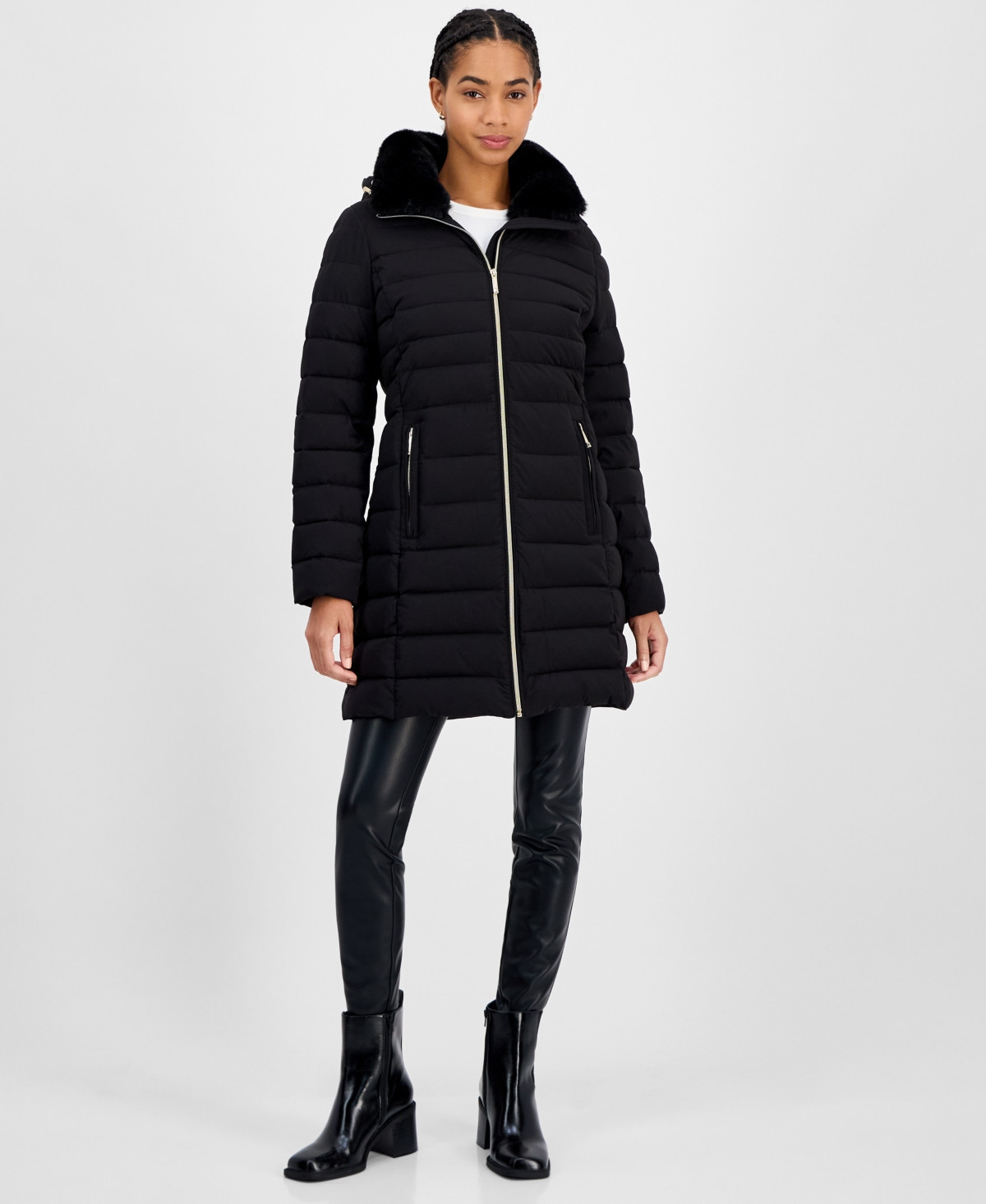 Michael Michael Kors Petite Faux-Fur-Collar Hooded Packable Puffer Coat - Black | Macy's