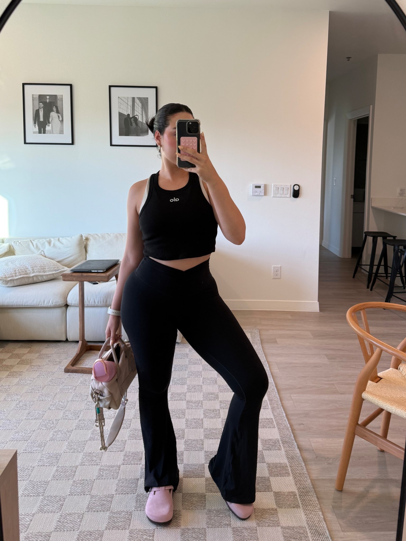 Pilates Outfit dts: wearing size M in both top & bottoms ! Leggings are slightly different same brand the bands just slightly different. The clogs are sold out but these are super similar!💘🫶🏻