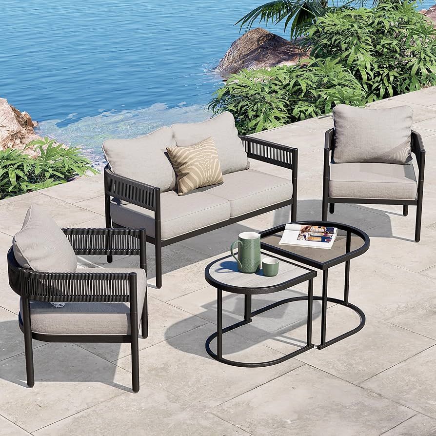 Grand patio 5-Piece Outdoor Conversation Set, Woven Wicker, Steel Frame, with Olefin Cushions and... | Amazon (US)