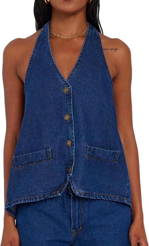 Kedera Women's Tie Up Denim Vest Button Down Backless Denim Tank Top V Neck Sexy Loose Fashion Cr... | Amazon (US)
