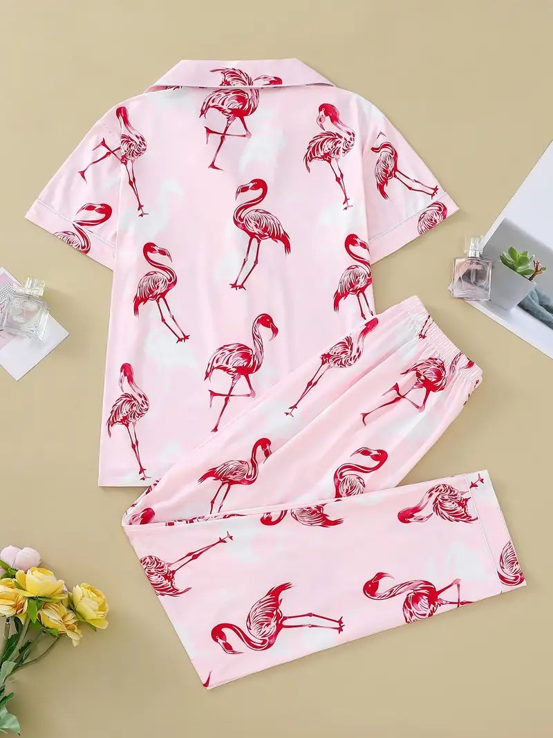 Casual Flamingo Print Pajama Set, Short Sleeve Button Up Lapel Collar Top & Elastic Pants, Women'... | Temu Affiliate Program