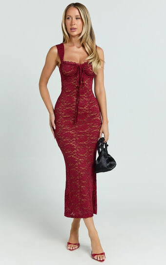 Collette Midi Dress - Ruched Bust Wide Strap Detail Lace Midi Dress in Wine | Showpo (US, UK & Europe)