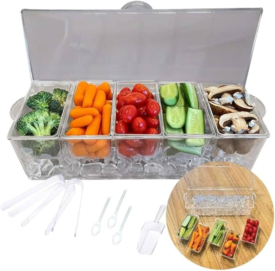 Evelots Ice Chilled 5 Compartment Condiment Server Caddy with Hinged Lid | Plastic Garnish Servin... | Amazon (US)