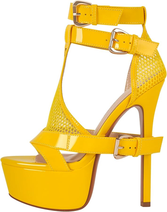 Women's High Stiletto Heels Platform Mesh Buckle Open Toe Ankle Strap Dress Shoes Sandals | Amazon (US)