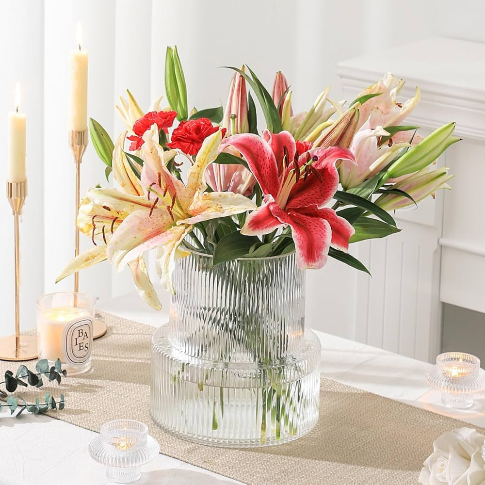 YANWE1 Ribbed Glass Vase, Large Glass Vase, Flower Vase, Fluted Glass Vase for Flowers, Modern Va... | Amazon (US)