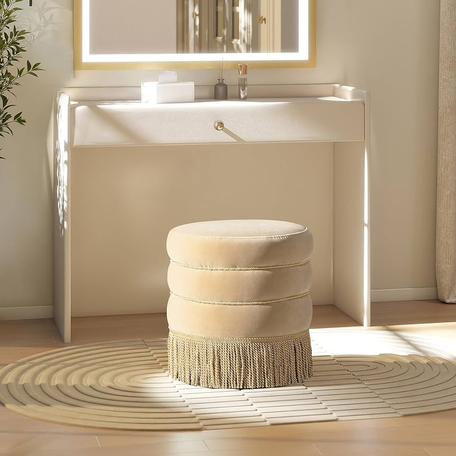 17.5 Inches Round Upholstered Ottoman with Bullion Fringe-Fawn Brown Performance Velvet, Stylish ... | Amazon (US)