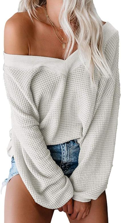 Amazon.com: Asvivid Womens Solid Off The Shoulder Batwing Sleeve Oversized Sweater V Neck Waffle ... | Amazon (US)