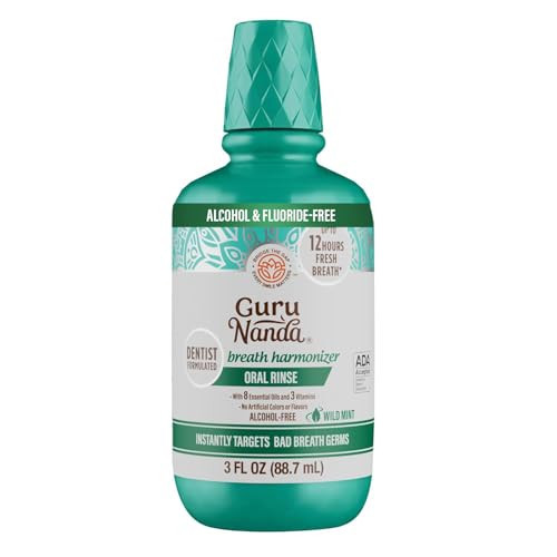 GuruNanda Fresh Breath Mouthwash, ADA-Accepted, Alcohol & Fluoride-Free, Sodium Chlorite, Essential Oils & Vitamins, 12-Hrs Fresh Breath, Wild Mint, 3 oz | Amazon (US)