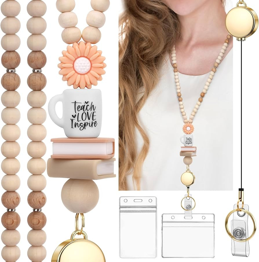 Teacher Lanyard with Id Holder, Retractable Lanyards for Id Badges Keys, Cute Natural Wooden Bead... | Amazon (US)