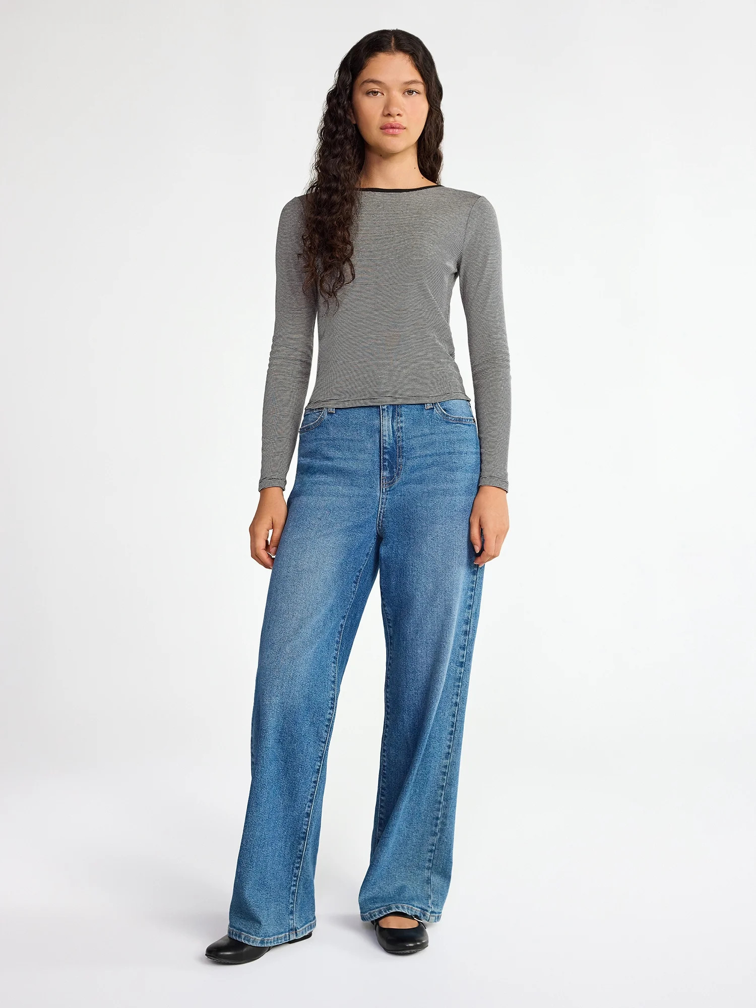 No Boundaries Striped Tee with Long Sleeves, Women's | Walmart (US)