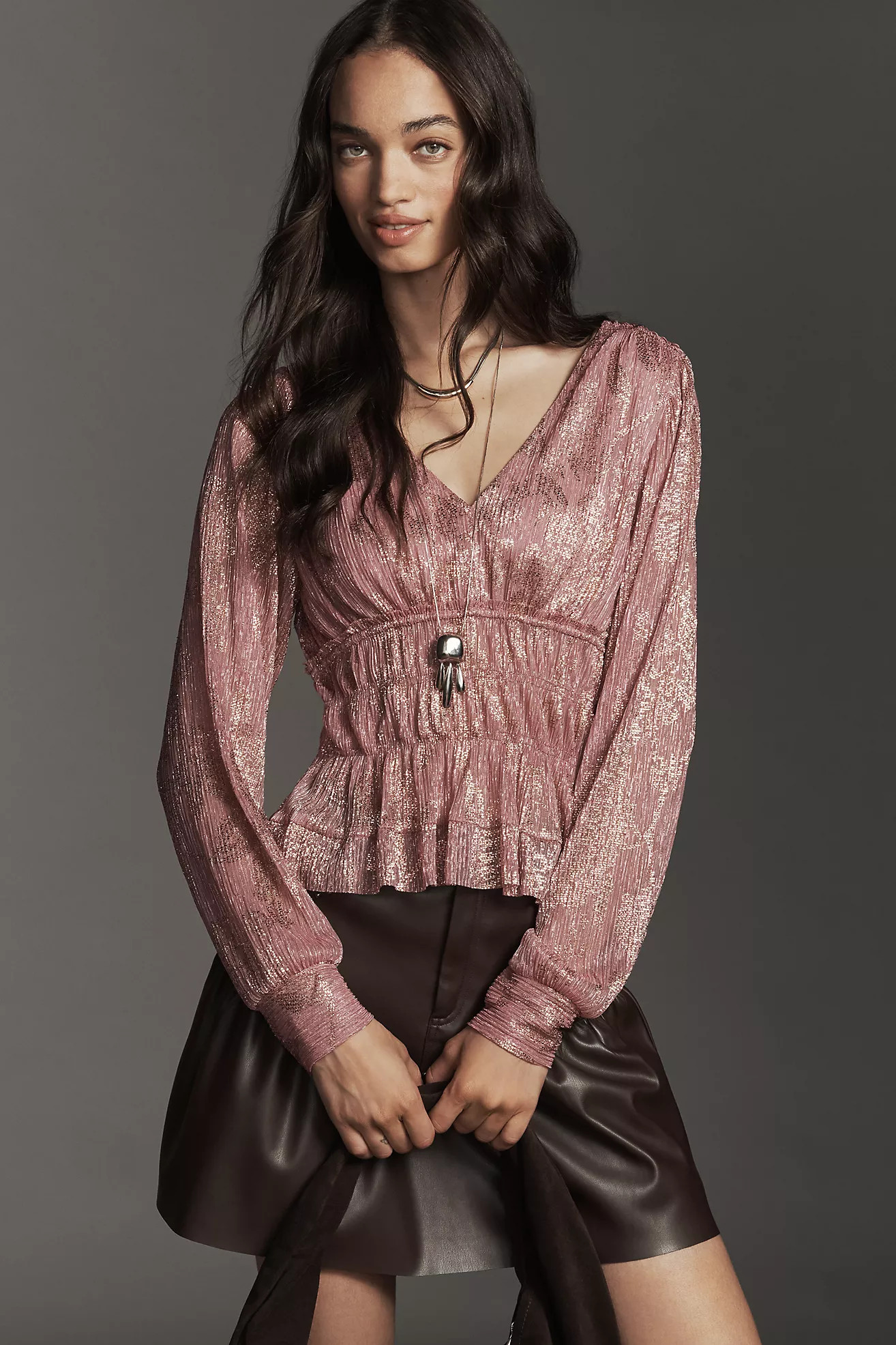 By Anthropologie Metallic Smocked Long-Sleeve Shirt | Anthropologie (US)