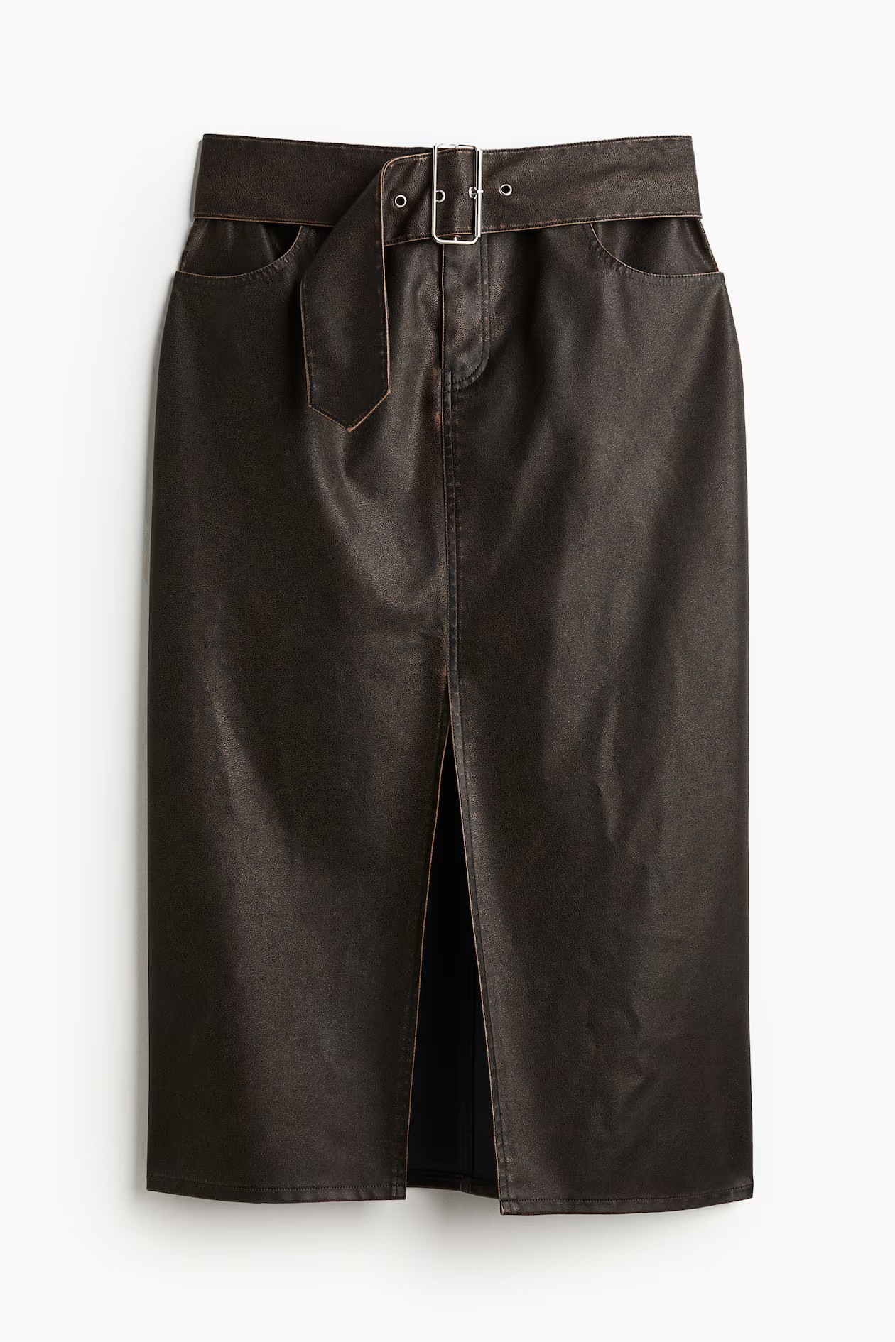 Falda efecto desgastado con cinturón - Cintura estándar - Midi - Marrón oscuro - MUJER | H&M E... | H&M (FR, IT, ES, PT, BE)