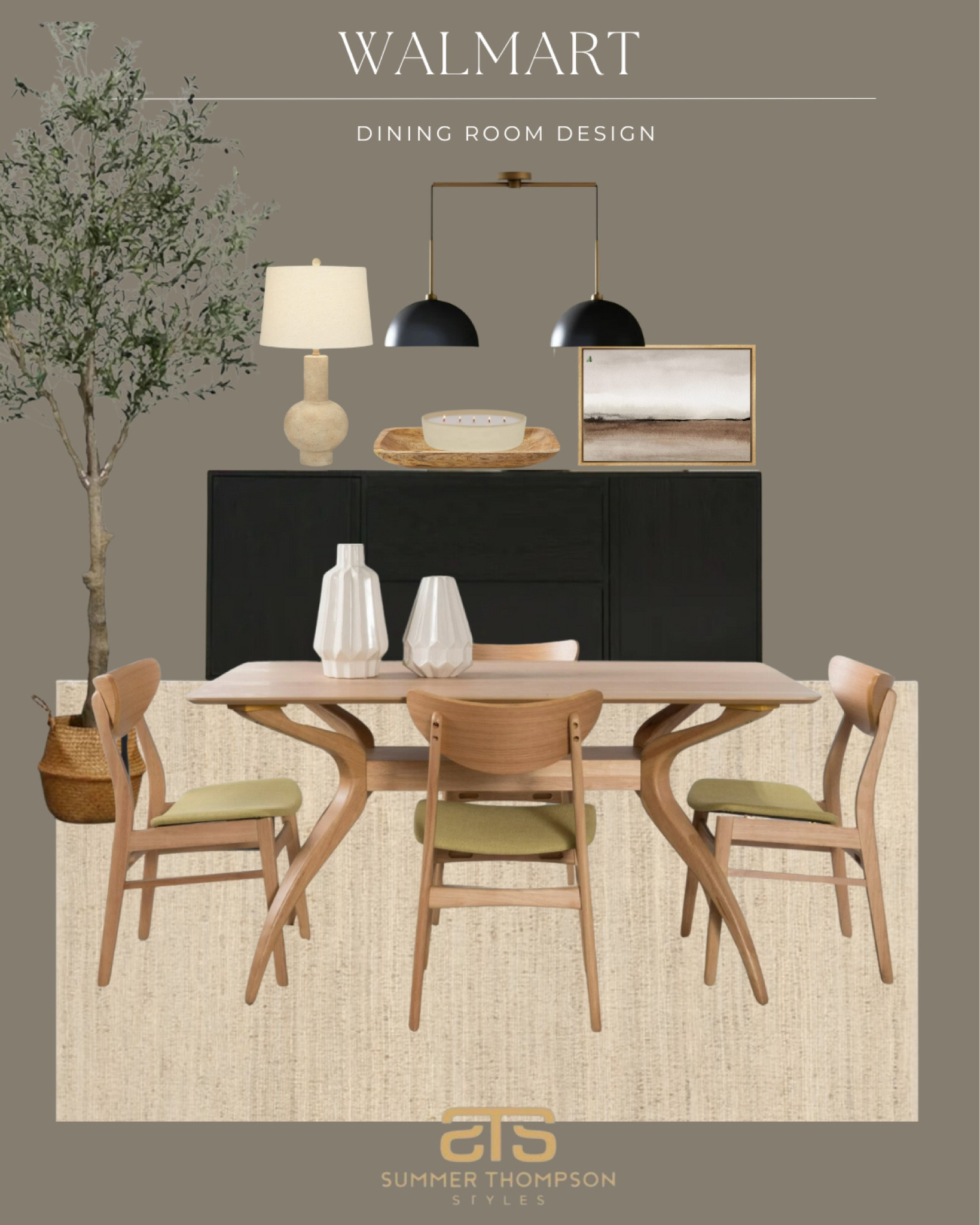 Walmart Dining Room Design! 

Transform your dining space with this Walmart design where Scandinavia meets farmhouse charm. 🍃🖤 Embrace the warm tones of brown and black, with a refreshing touch of green, for a cozy yet stylish dining experience. 

Dining table, console, chandelier, chairs, rugs, console table, artwork, lamp, candle, olive tree 

#WalmartHome #DiningRoomDesign #ScandiFarmhouse #InteriorDesign #WarmTones #HomeDecor #DiningInStyle

#LTKU #LTKHome #LTKStyleTip