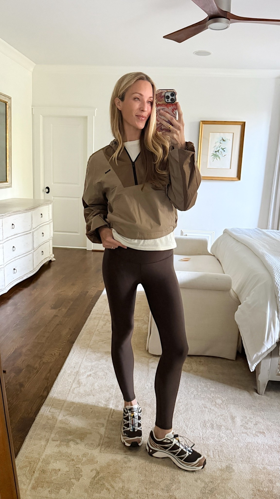 Fall weekend/mom life outfit 🤎This SKIMS half zip viais even better in person! Wearing S jacket, S tee, S @Alo Yoga. Found my sneakers stocked and linked similar just in case!