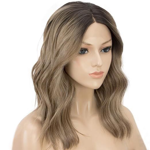 K'ryssma Short Bob Lace Front Wigs Wavy Ash Brown Ombre Synthetic Wig with Black Roots Middle Par... | Amazon (US)