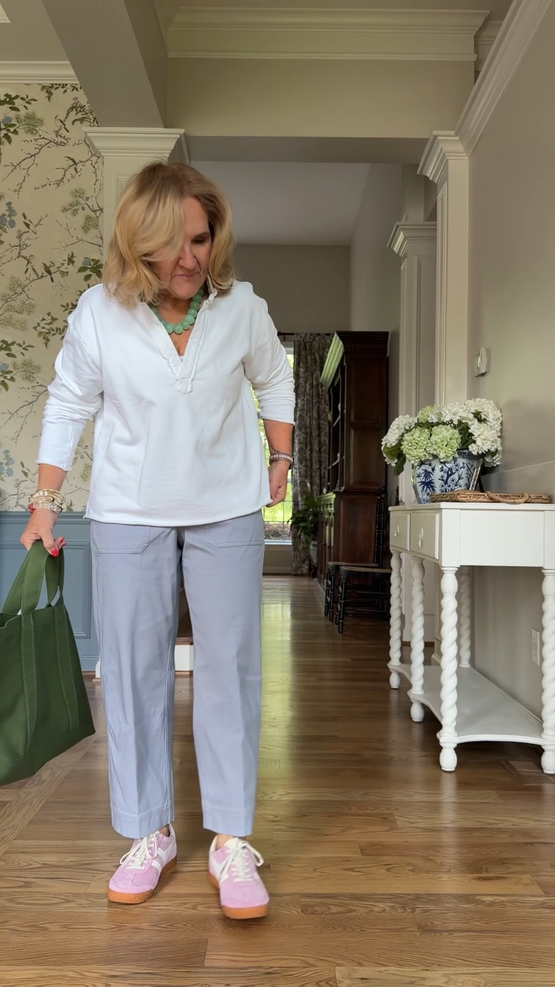 Spanx stretch twill barrel pants. I’m in a small petite. They do run generous 
I’m linking a few other favorite barrel pants and jeans too. 
French terry popover size medium 
Mama sweatshirt medium 
Cotton cashmere sweater medium 
Floral blouse medium 
10% off Eric javits bag code NANETTE
20% off my bracelets code nanette20

Spring outfits 2026 casual work outfits 

#LTKOver40 #LTKSaleAlert #LTKootd