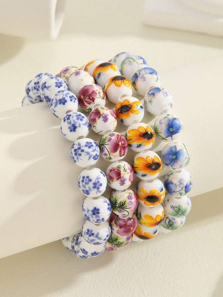 1pc Vintage Chinese Style Elastic Ceramic Beaded Bracelet With Flower Blue And White Porcelain De... | SHEIN