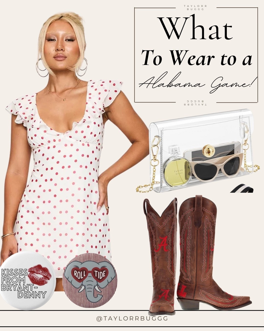 RTR but make it fashion 🤍🐘
Here’s your sign to show up to Bryant-Denny looking as iconic as the Tide. This flirty polka dot mini + custom cowboy boots = undefeated combo for game day. Linked my clear bag, sunnies, and the cutest Bama pins to top it off!
🎀 Outfit inspo for my Southern girls who love a touchdown and a moment.


#LTKSeasonal #LTKParties #LTKPetite