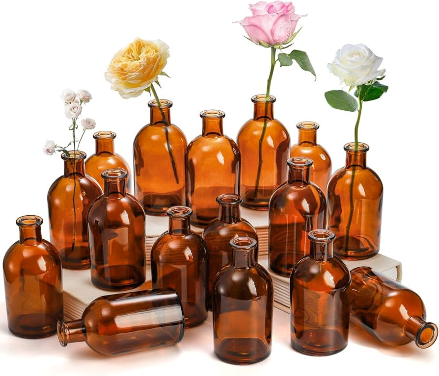 YOUEON 16 Pack Amber Glass Bud Vases, Small Bud Vases in Bulk, Glass Flower Vases for Centerpiece... | Amazon (US)
