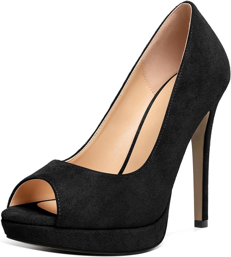 Platform High Heels for Women Peep Toe Thin Sky High Heel Pumps Stiletto Heel 5 Inch Party Dress ... | Amazon (US)