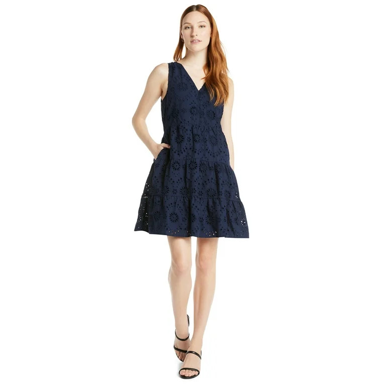 Time and Tru Women's and Women's Plus Cotton Blend Tiered Eyelet Dress, Sizes XS-4X | Walmart (US)