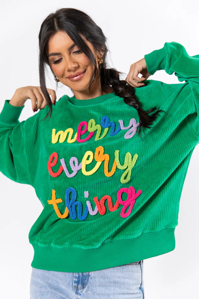 Merry Everything Green Multi Corded Embroidered Sweatshirt | Pink Lily