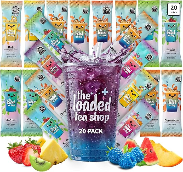 The Loaded Tea Shop Energy Drink Mix Sticks, Variety 20 Pack, Sugar-Free, Zero Calories, 200mg Na... | Amazon (US)