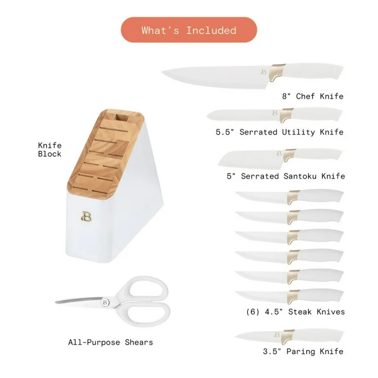 Beautiful 12 Piece Stainless Steel Knife Block Set, Soft-Grip Handles White Icing by Drew Barrymo... | Walmart (US)