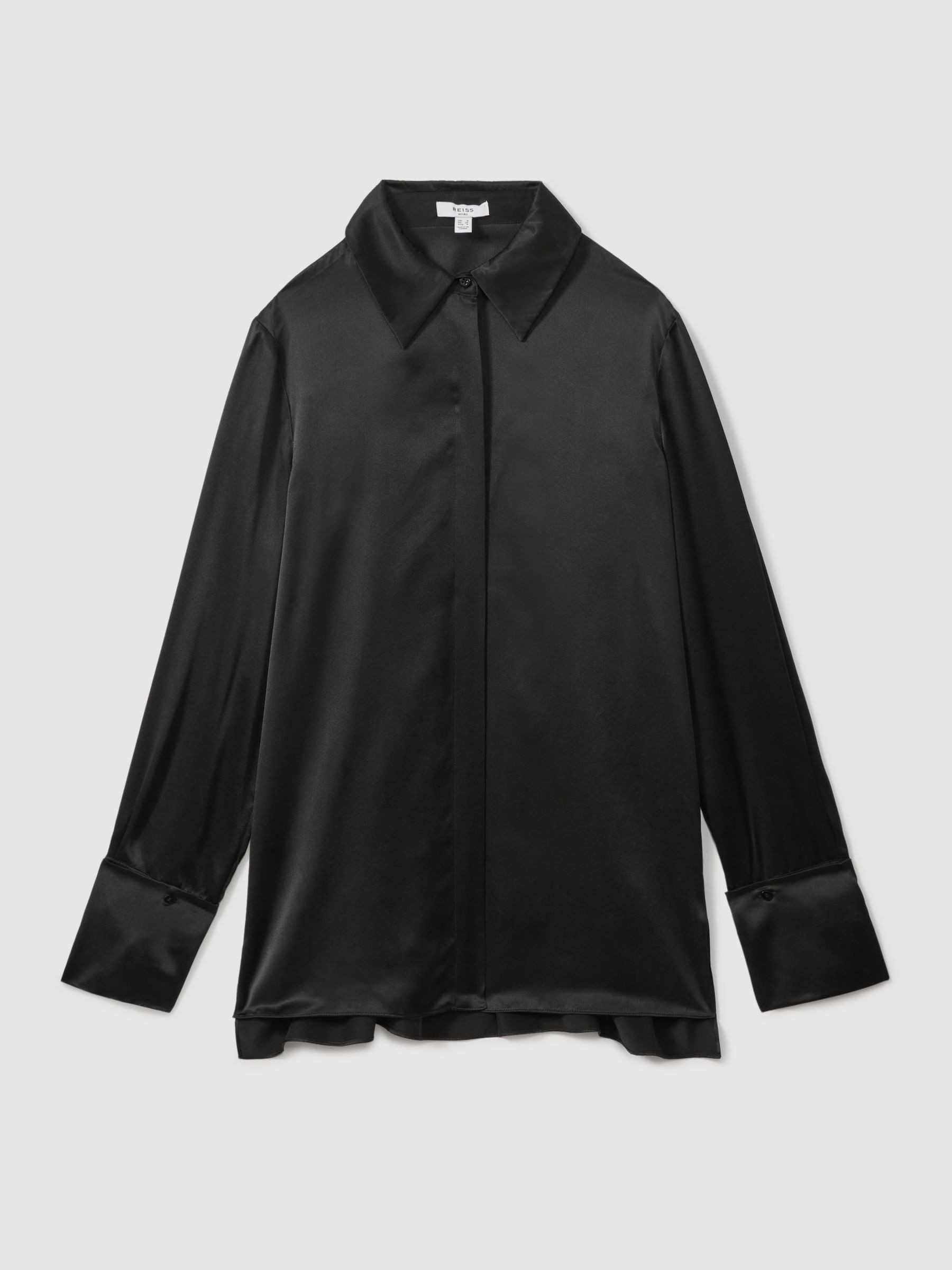 Silk Double-Cuff Button-Through Shirt in Black | Reiss UK