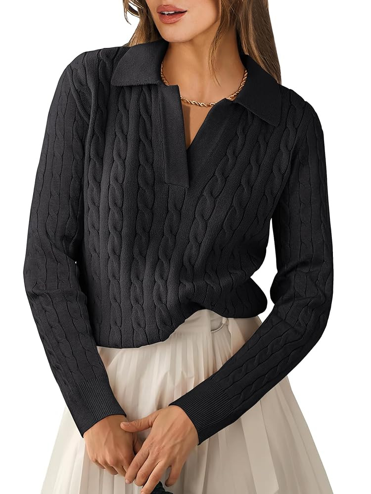 ANRABESS Womens Cable Knit Sweaters Long Sleeve V Neck Sweater Tops Casual Pullover Polo Shirts 2... | Amazon (US)
